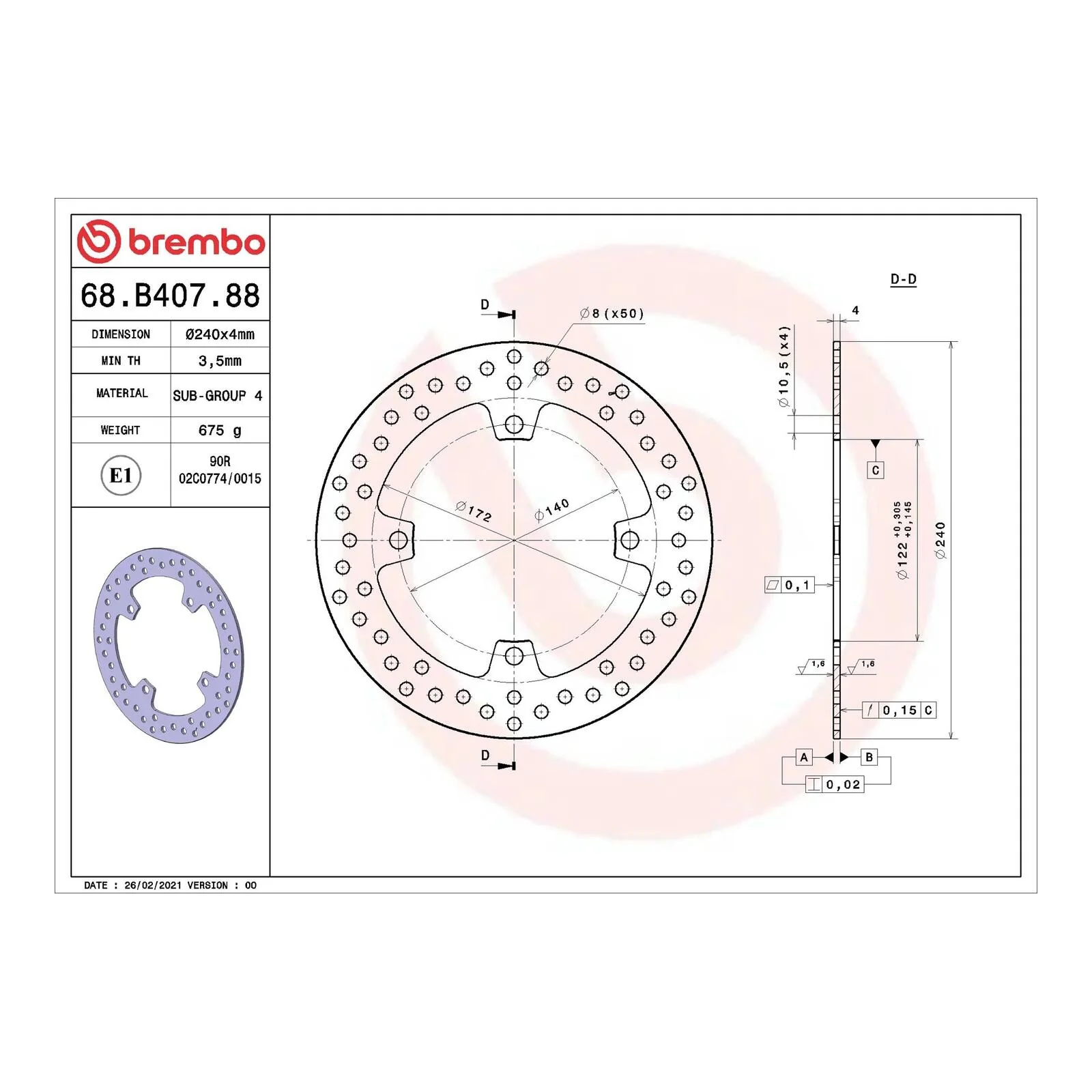 Brembo Prime Brake Disc Serie Oro Rear 68B40788 - Image 2